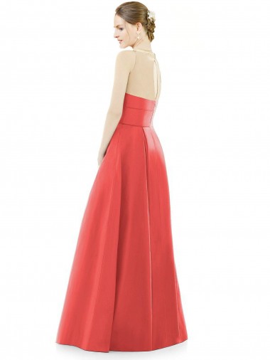 Sheer V-Neck Tulle Illusion Long Satin Bridesmaid Dress UK