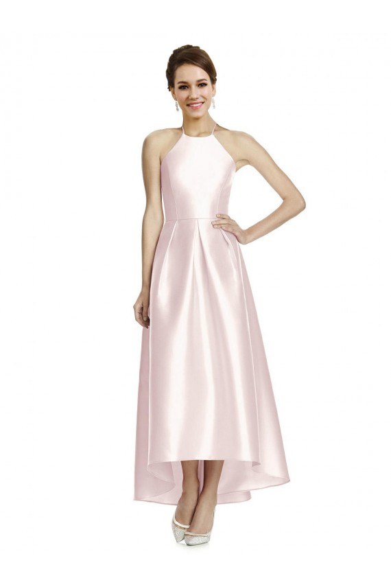 Long High-Low Halter Satin Bridesmaid Dress with Criss-Cross Back UK