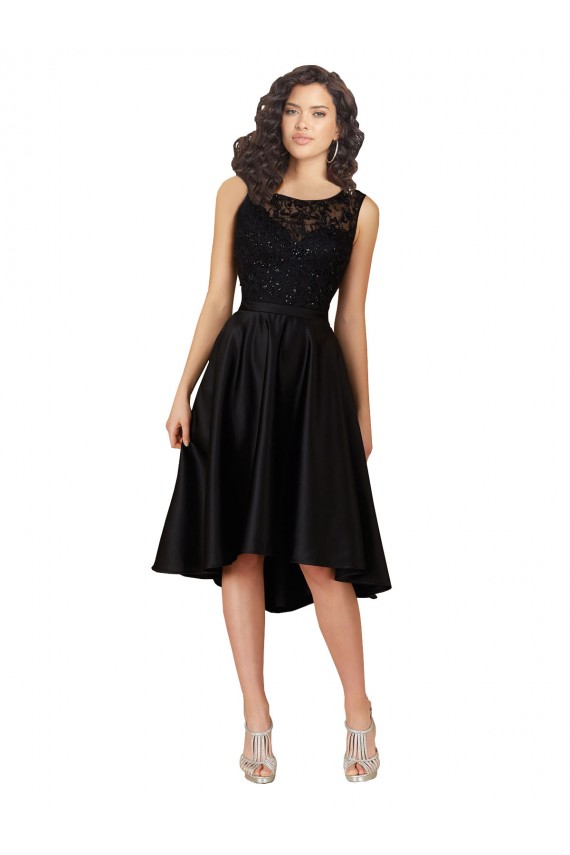 Short High Low Satin Cocktail Bridesmaid Dress with a Beaded and Embroidered Bodice UK