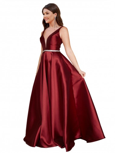 Sleeveless Deep V-Neck A-Line Formal Satin Bridesmaid Dress / Prom Dress with Pockets UK