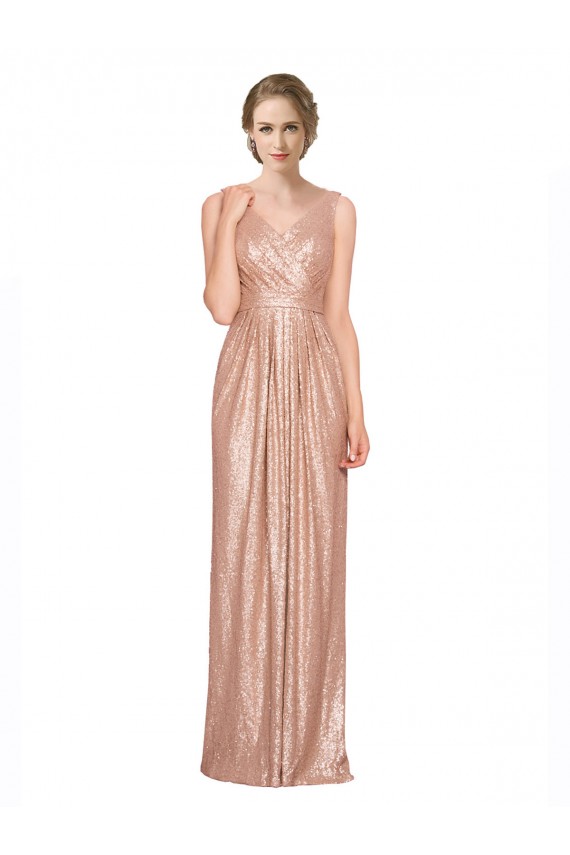 Draped V-Neck Striking Sheath Floor Length Formal Sequin Bridesmaid Dress / Prom Dress UK