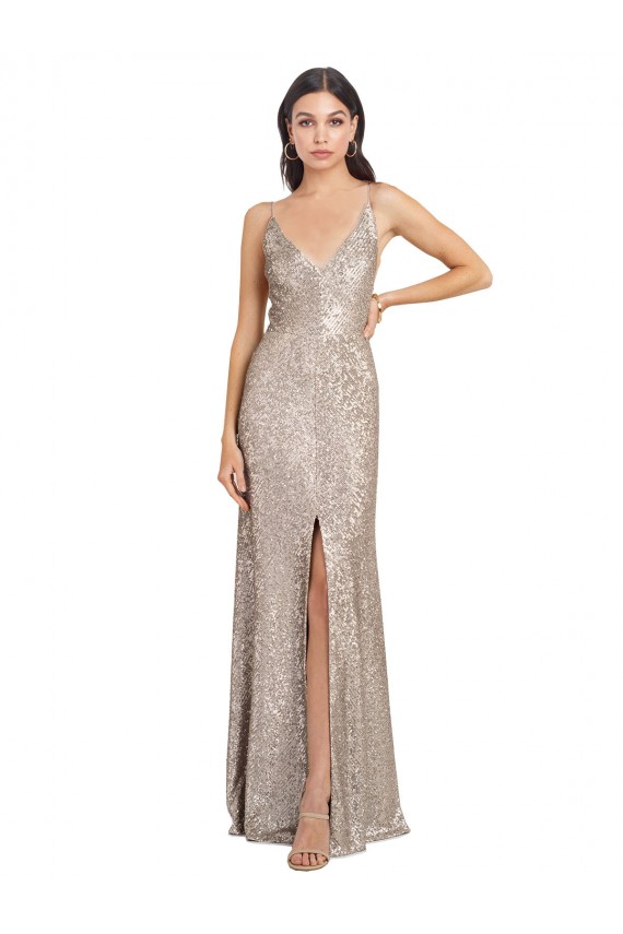 V-Neck Fully Sequin Formal Bridesmaid Dress / Prom Dress with V-Back and Front Slit UK
