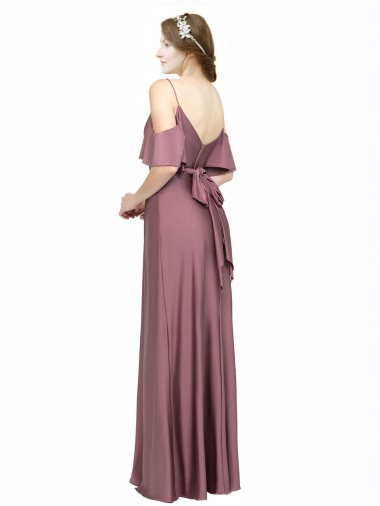 Draped Cold Shoulder Sleeves Long Formal Silky Satin Bridesmaid Dress / Prom Dress with Slit and Tie Back UK