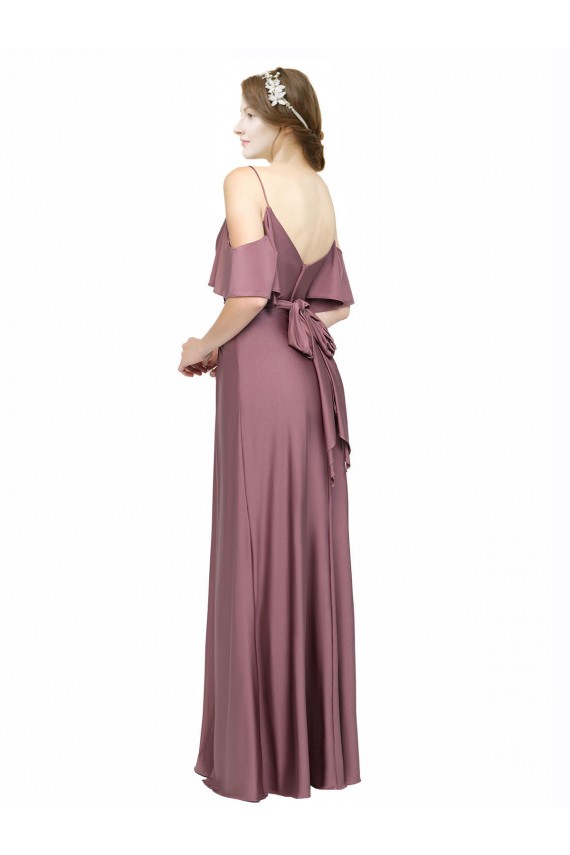 Draped Cold Shoulder Sleeves Long Formal Silky Satin Bridesmaid Dress / Prom Dress with Slit and Tie Back UK