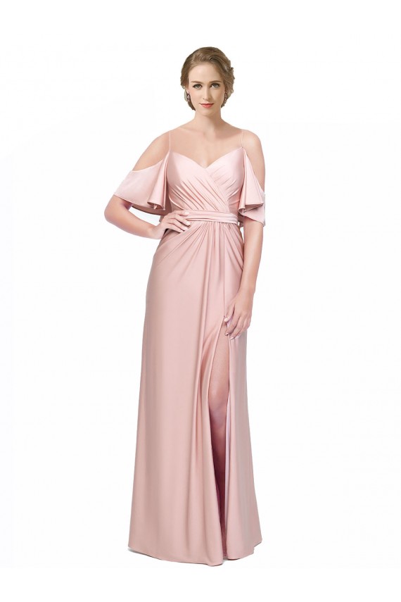 Draped Cold Shoulder Sleeves Long Formal Silky Satin Bridesmaid Dress / Prom Dress with Slit and Tie Back UK