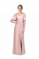 Draped Cold Shoulder Sleeves Long Formal Silky Satin Bridesmaid Dress / Prom Dress with Slit and Tie Back UK