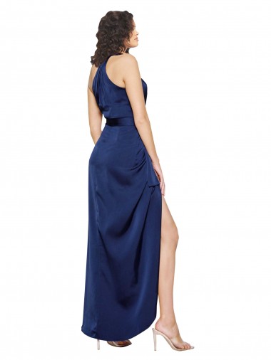 Full Length High Neck Wrap Formal Silky Satin Bridesmaid Dress / Prom Dress with Waist Tie UK