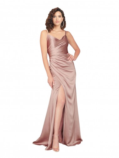 Floor Length Formal Silky Satin Bridesmaid Dress / Prom Dress with Front Skirt Slit UK