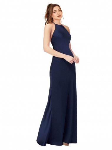 High Neck Satin Bridesmaid Dress / Prom Dress with Strappy Back UK