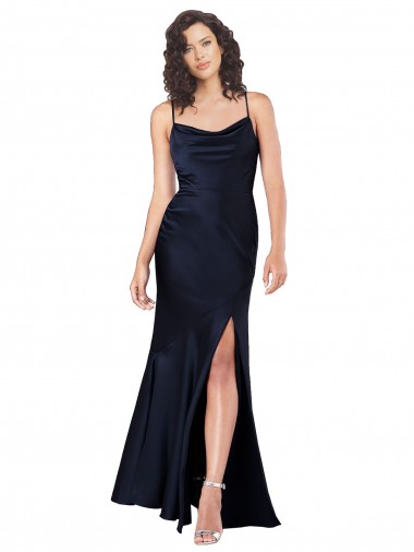 Draped Cowl Neck Formal Silky Satin Bridesmaid Dress / Prom Dress with Skirt Slit UK