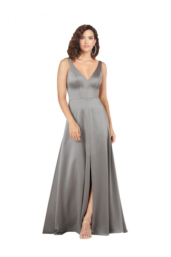 Plunging V-Neckline Long A-Line Formal Silky Satin Bridesmaid Dress / Prom Dress UK