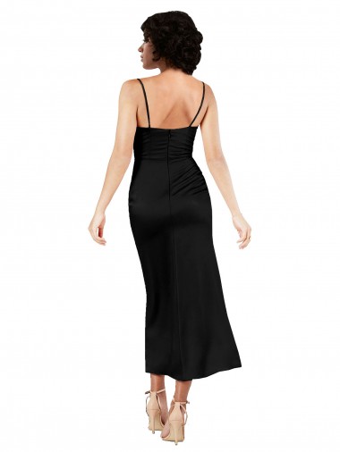 Cowl Neck Formal Tea-Length Short Silky Satin Bridesmaid Dress / Cocktail Prom Dress with Skirt Slit UK