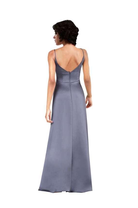 Full Length V-Neckline Formal Silky Satin Bridesmaid Dress / Prom Dress with Spaghetti Straps UK