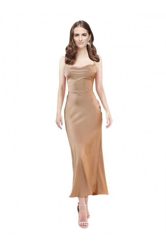 Cowl Neck Formal Silky Satin Midi Length Bridesmaid Dress / Cocktail Prom Dress Low Back UK