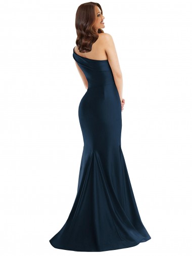 Bias-Cuff One Shoulder Formal Silky Satin Mermaid Bridesmaid Dress / Prom Dress with Side Slit UK