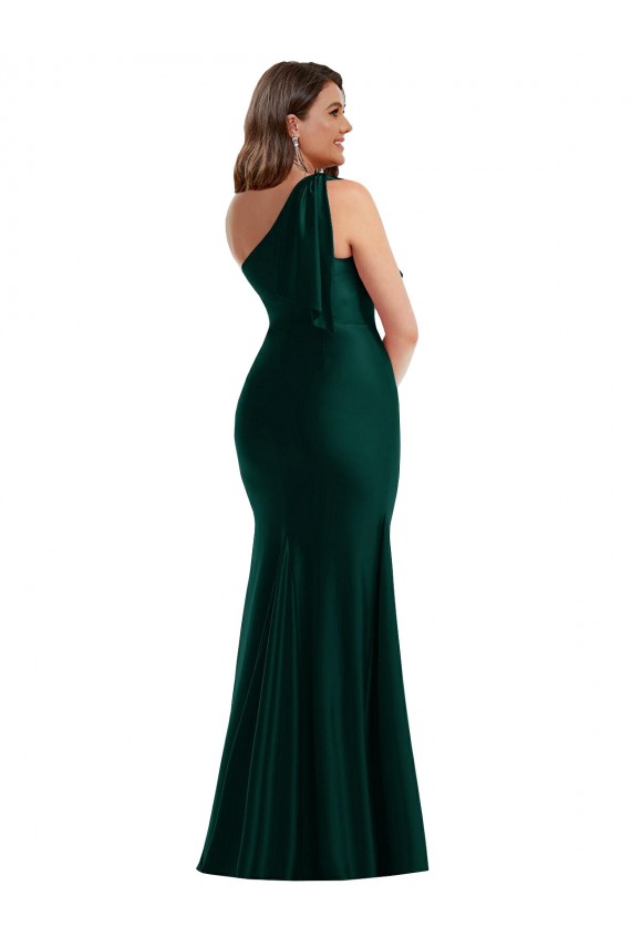 Cascading Bow One Shoulder Formal Silky Satin Mermaid Bridesmaid Dress / Prom Dress with Front Slit UK