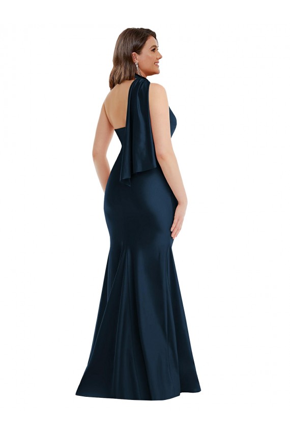 Scarf Neck One Shoulder Formal Silky Satin Mermaid Bridesmaid Dress / Prom Dress with Front Slit UK