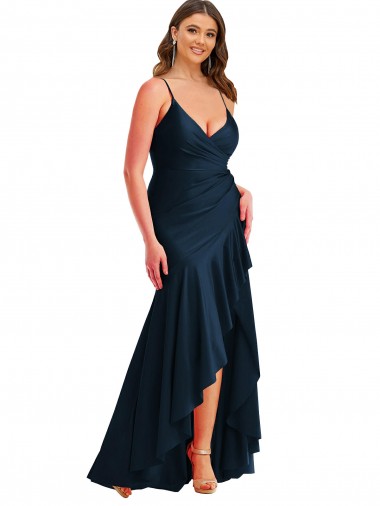 Pleated Wrap Ruffled High Low Formal Silky Satin Bridesmaid Dress / Prom Dress UK