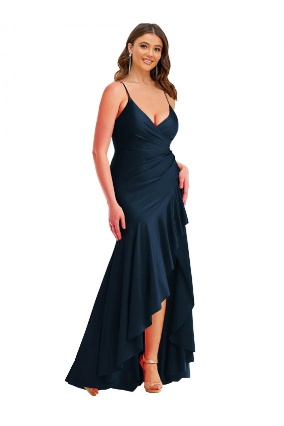 Pleated Wrap Ruffled High Low Formal Silky Satin Bridesmaid Dress / Prom Dress UK