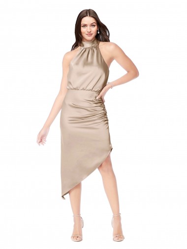 Silky Satin High Low Midi Cocktail Length Bridesmaid Dress / Prom Dress with Asymmetric Skirt UK