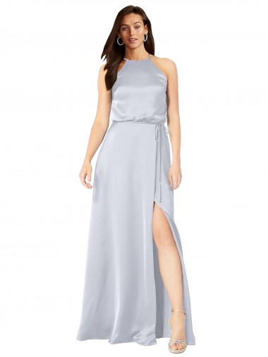 Halter Neck Formal Silky Satin Bridesmaid Dress with Strappy Back UK