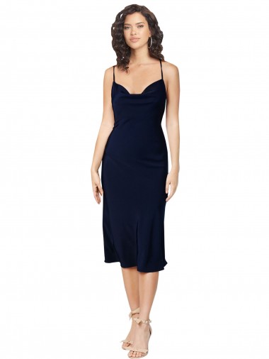 Short Cocktail Midi Length Formal Silky Satin Bridesmaid Dress / Prom Dress with Cowl Neck and Cross Back Straps UK