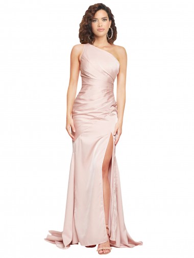 Full Length One Shoulder Long Formal Silky Satin Bridesmaid Dress / Prom Dress with High Split UK