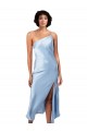 Midi Length Short Formal Silky Satin Bridesmaid Dress / Cocktail Prom Dress with Asymmetric Neckline and High Side Split UK
