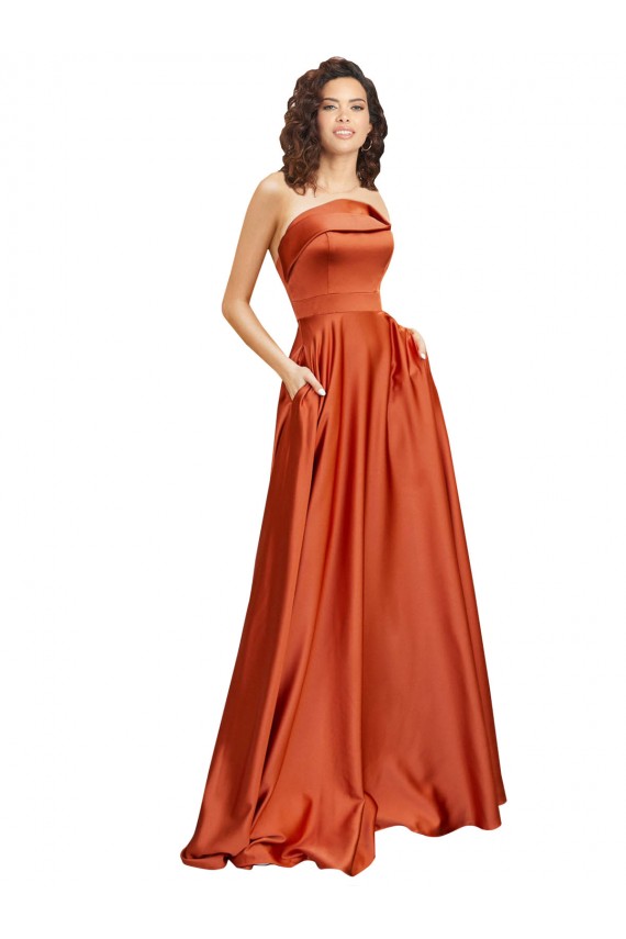 Strapless Sweep Train Formal Silky Satin Bridesmaid Dress / Prom Dress with Pleats UK