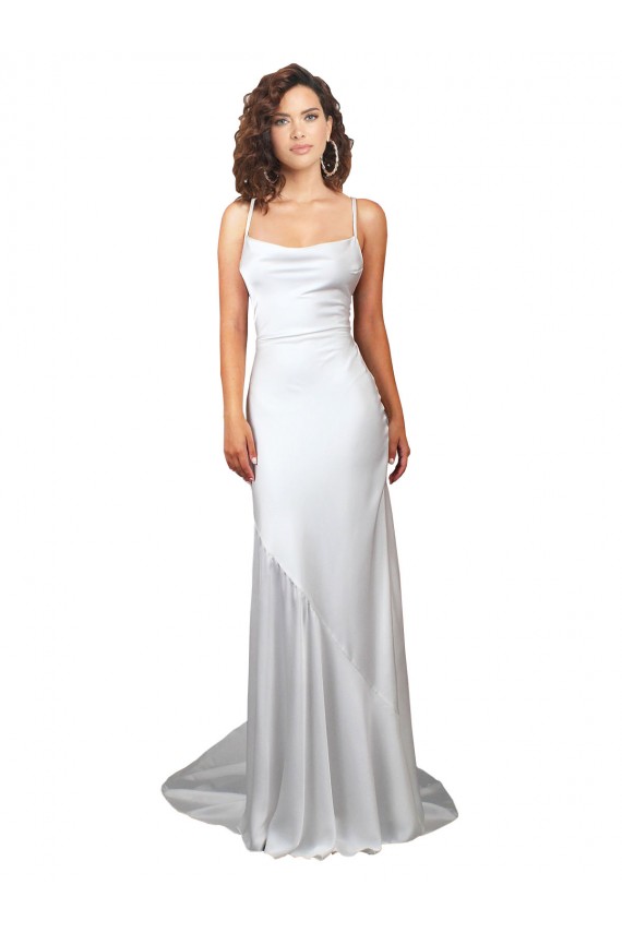 Simple Lace Up Back Cowl Neck Long Sweep Train Silky Satin Beach Wedding Dress UK