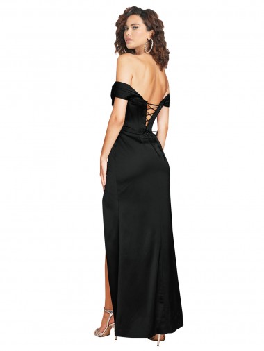 Fitted Sweetheart Neckline Formal Silky Satin Bridesmaid Dress / Prom Dress with Off the Shoulder Sleeves and High Slit UK