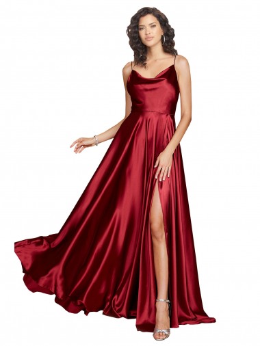 Cowl Neckline Long Formal Silky Satin Bridesmaid Dress / Prom Dress with Spaghetti Straps UK