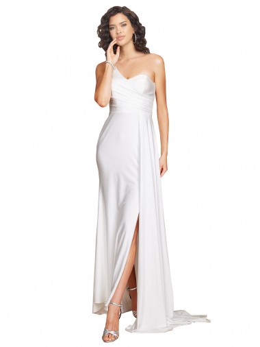 One Shoulder Floor Length Silky Satin Wedding Dress with Side Slit UK