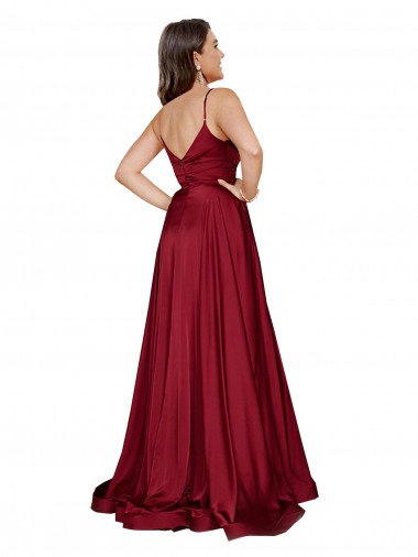 Deep V-Neck Sweetheart Long Formal Silky Satin Bridesmaid Dress / Prom Dress with Thigh High Slit UK