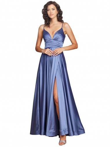 Deep V-Neck Sweetheart Long Formal Silky Satin Bridesmaid Dress / Prom Dress with Thigh High Slit UK