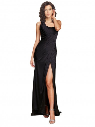 Full Length One Shoulder Ruffled Long Formal Silky Satin Bridesmaid Dress / Prom Dress with High Slit UK