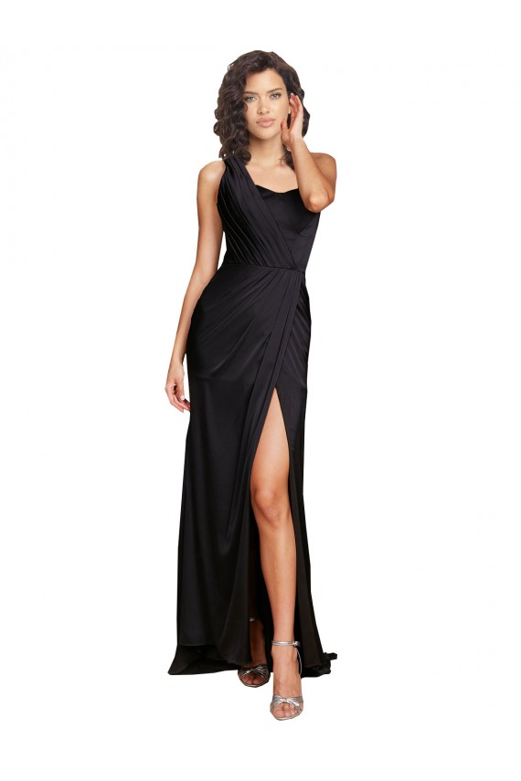 Full Length One Shoulder Ruffled Long Formal Silky Satin Bridesmaid Dress / Prom Dress with High Slit UK