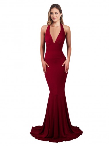Halter Mermaid Plunge V-Neckline Open Back Bow Tie Formal Spandex Bridesmaid Dress / Prom Dress UK