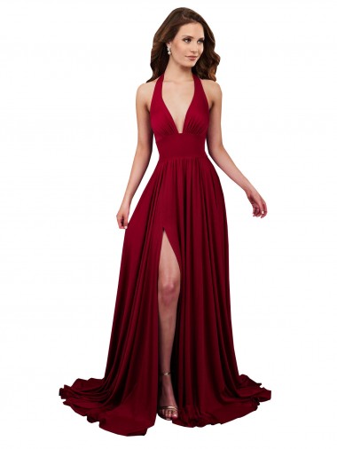 A-Line Halter Plunge V-Neckline Open Back Formal Spandex Bridesmaid Dress / Prom Dress with Slit UK