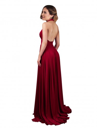 A-Line Halter Plunge V-Neckline Open Back Formal Spandex Bridesmaid Dress / Prom Dress with Slit UK