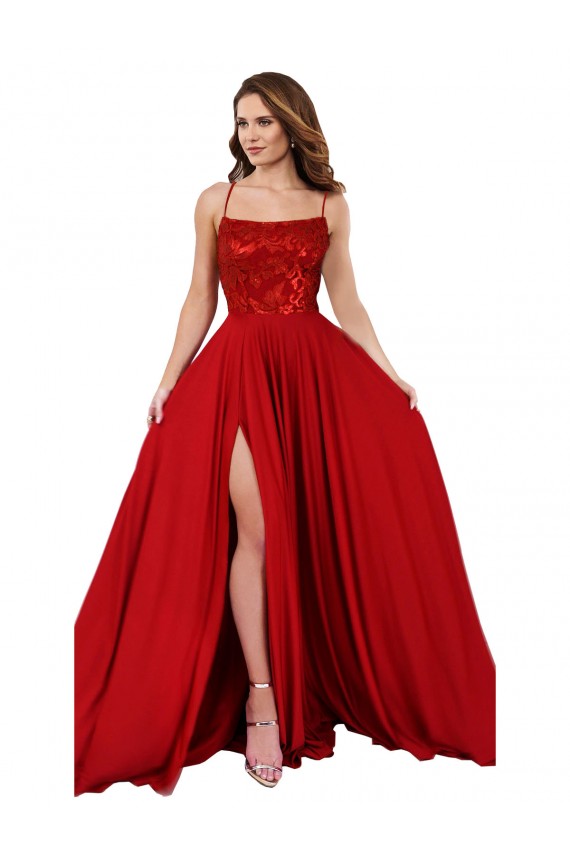 Lace Over Bodice Long Spandex Bridesmaid Dress / Prom Dress with Slit UK
