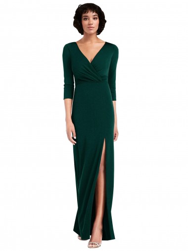 Floor Length 3/4 Sleeves V-Back Draped Wrap Formal Maxi Spandex Bridesmaid Dress / Prom Dress UK
