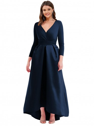 Long Sleeves Wrapped Formal Spandex Bridesmaid Dress / Prom Dress with High Low Full Skirt and Pockets UK