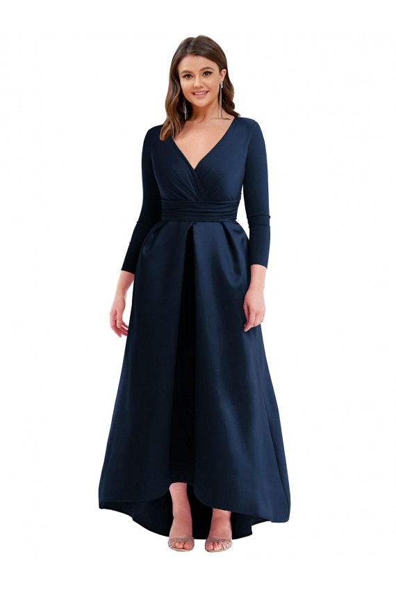 Long Sleeves Wrapped Formal Spandex Bridesmaid Dress / Prom Dress with High Low Full Skirt and Pockets UK
