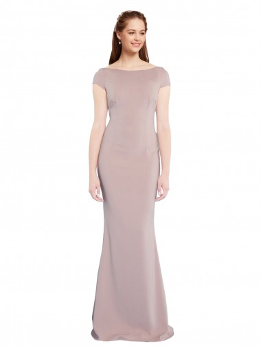 Boat Neck Cap Sleeve Formal Crepe Bridesmaid Dress / Prom Dress with Plunging Tie Back UK