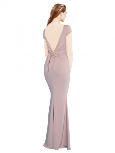 Boat Neck Cap Sleeve Formal Crepe Bridesmaid Dress / Prom Dress with Plunging Tie Back UK