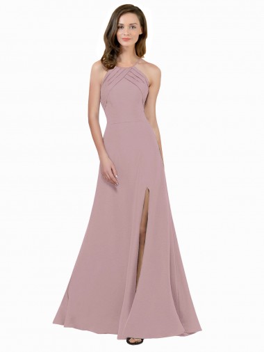 High Neck Crepe Bridesmaid Dress / Prom Dress with Pleats and Keyhole Back UK