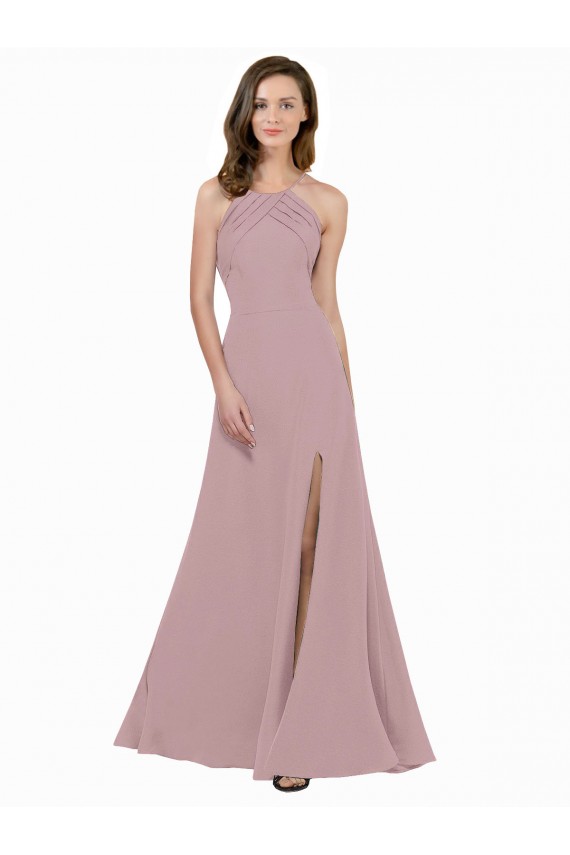 High Neck Crepe Bridesmaid Dress / Prom Dress with Pleats and Keyhole Back UK