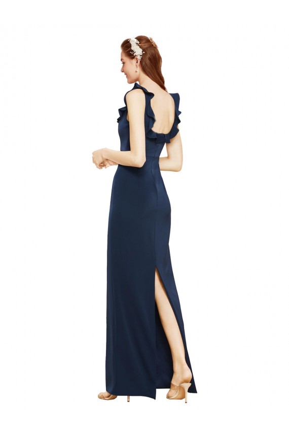 Scoop Neck with Ruffles Long Formal Crepe Bridesmaid Dress / Prom Dress with Back Slit UK