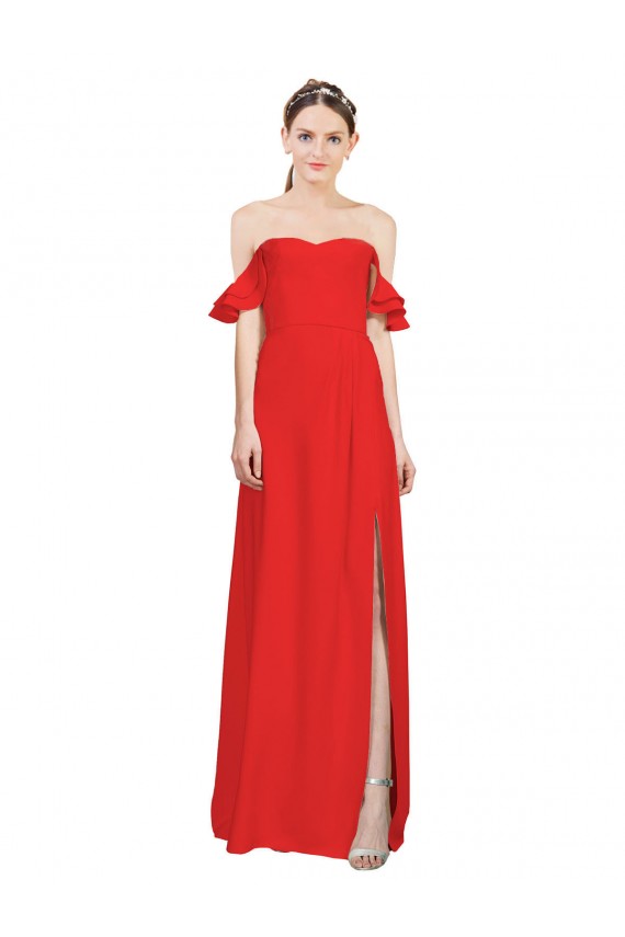 Double Ruffle Flounce Sleeves Formal Crepe Bridesmaid Dress / Prom Dress with Slit UK